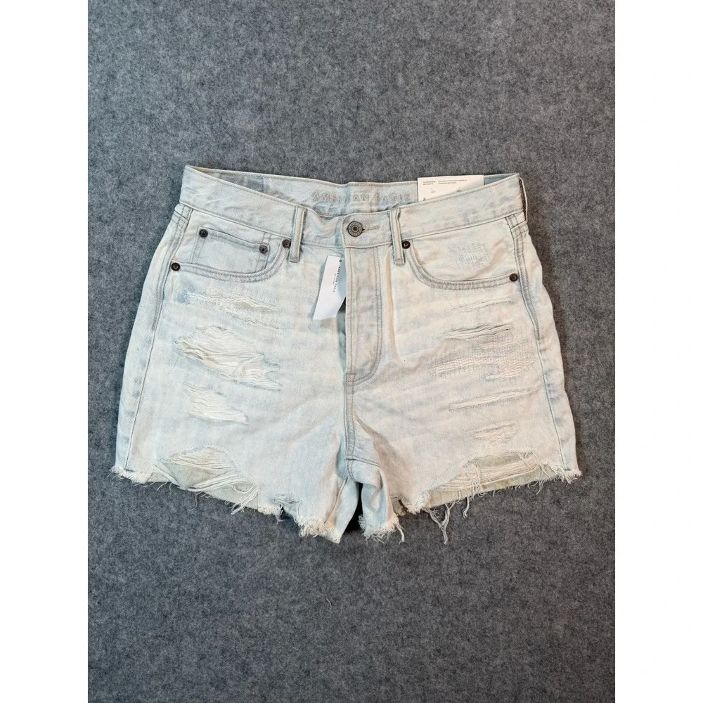 American Eagle 90s Boyfriend Mid-Length Distressed Denim Shorts Light Wash 8